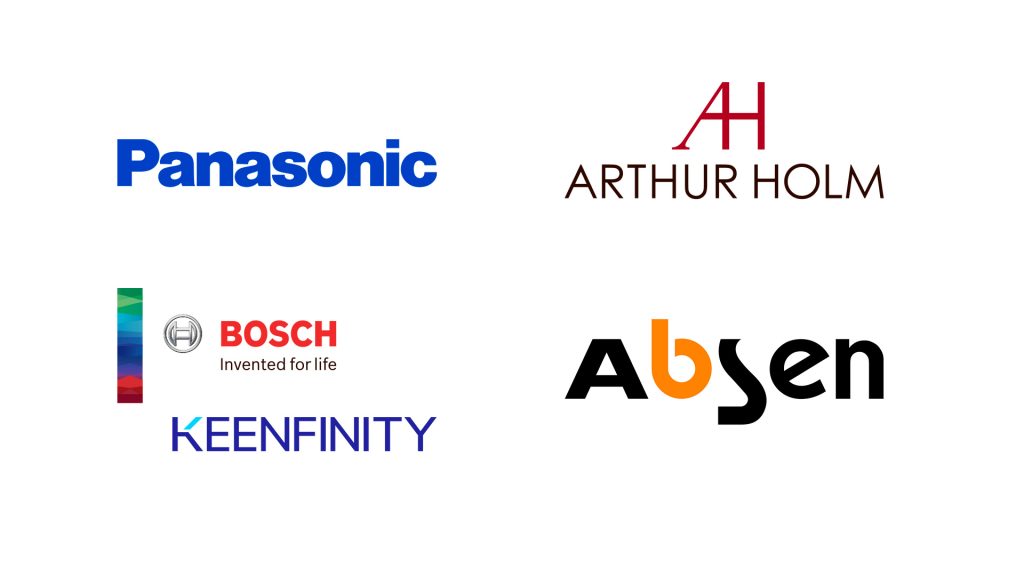 Firmalogoer fra Panasonic, Arthur Holm, Bosch/Keenfinity og Absen