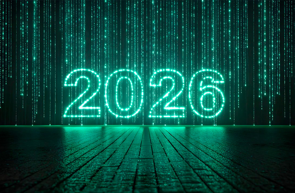 Årstal 2026 med lysende grøn skrift